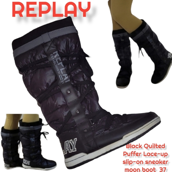 Replay Shoes - Replay Black Quilted Puffer Lace-up slip-on sneaker moon boot Streetwear 37